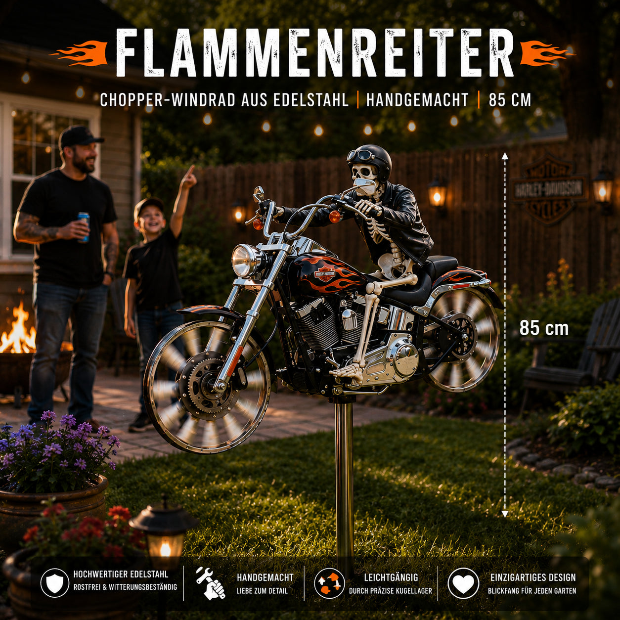 Cavaliere Fiammeggiante – Elica eolica Chopper - Fatto a mano 85 cm