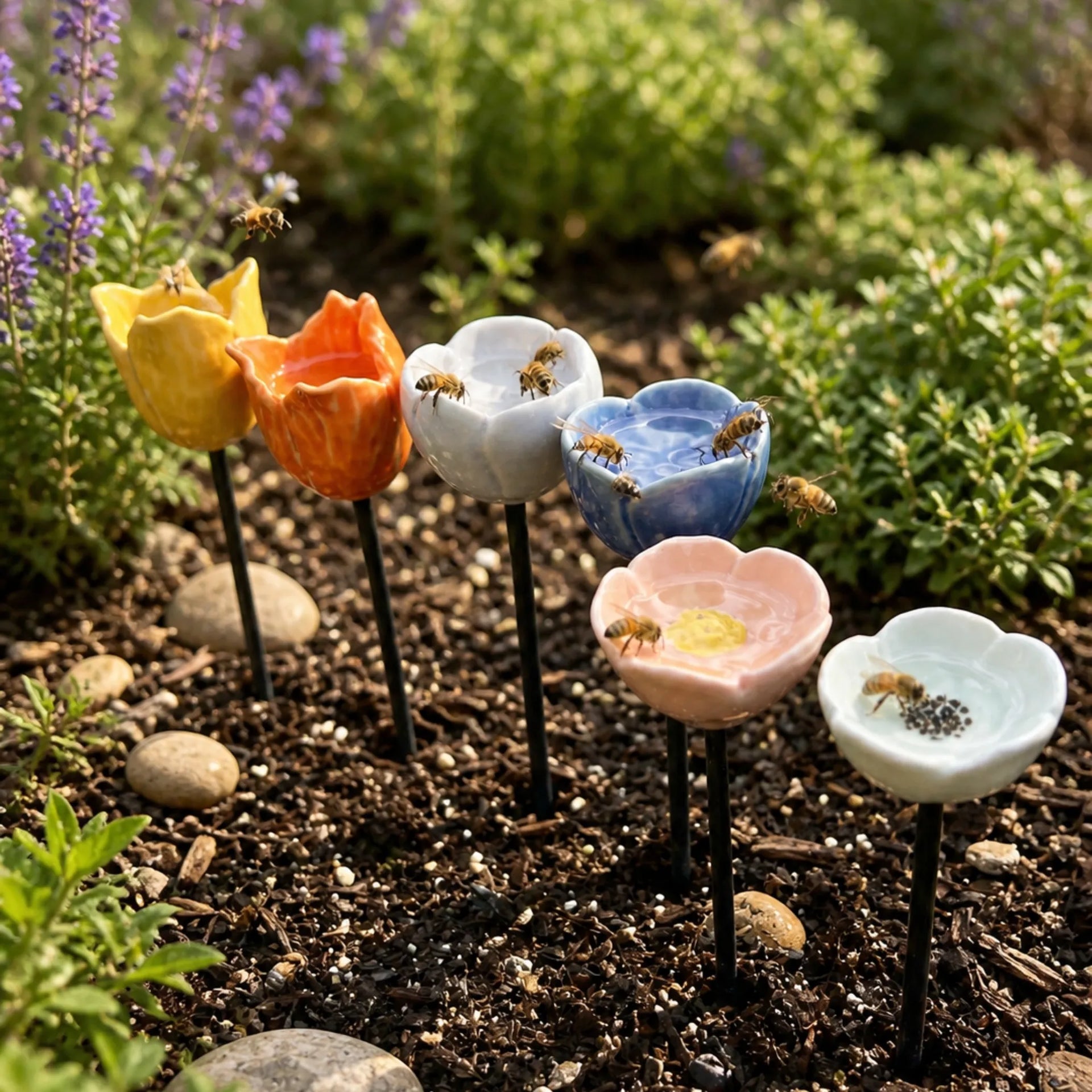 Fiori d'api fatti a mano – abbeveratoi in ceramica resistenti alle intemperie, set da 6