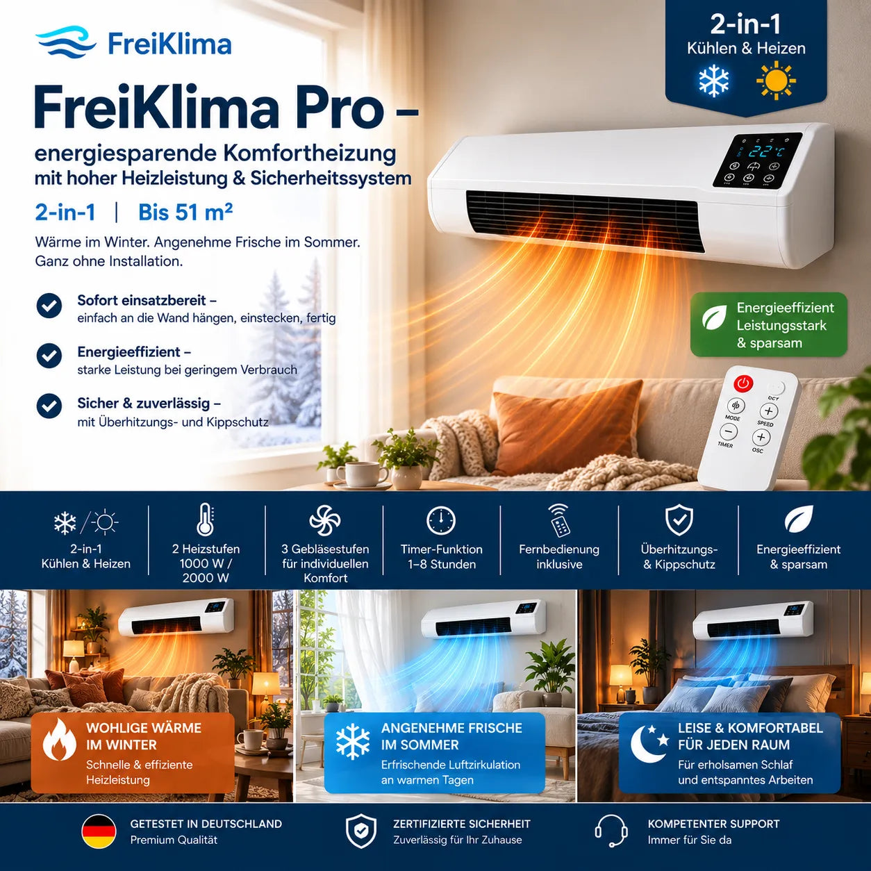 FreiKlima Pro – Condizionatore portatile e riscaldamento senza installazione | 2-in-1 | Fino a 51 m²